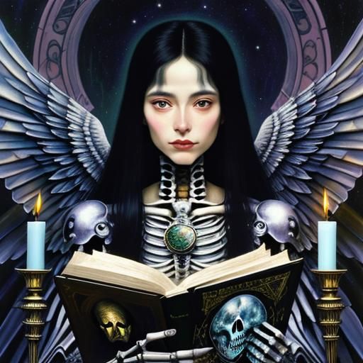 Surreal Skeleton Woman with Clock and Wings