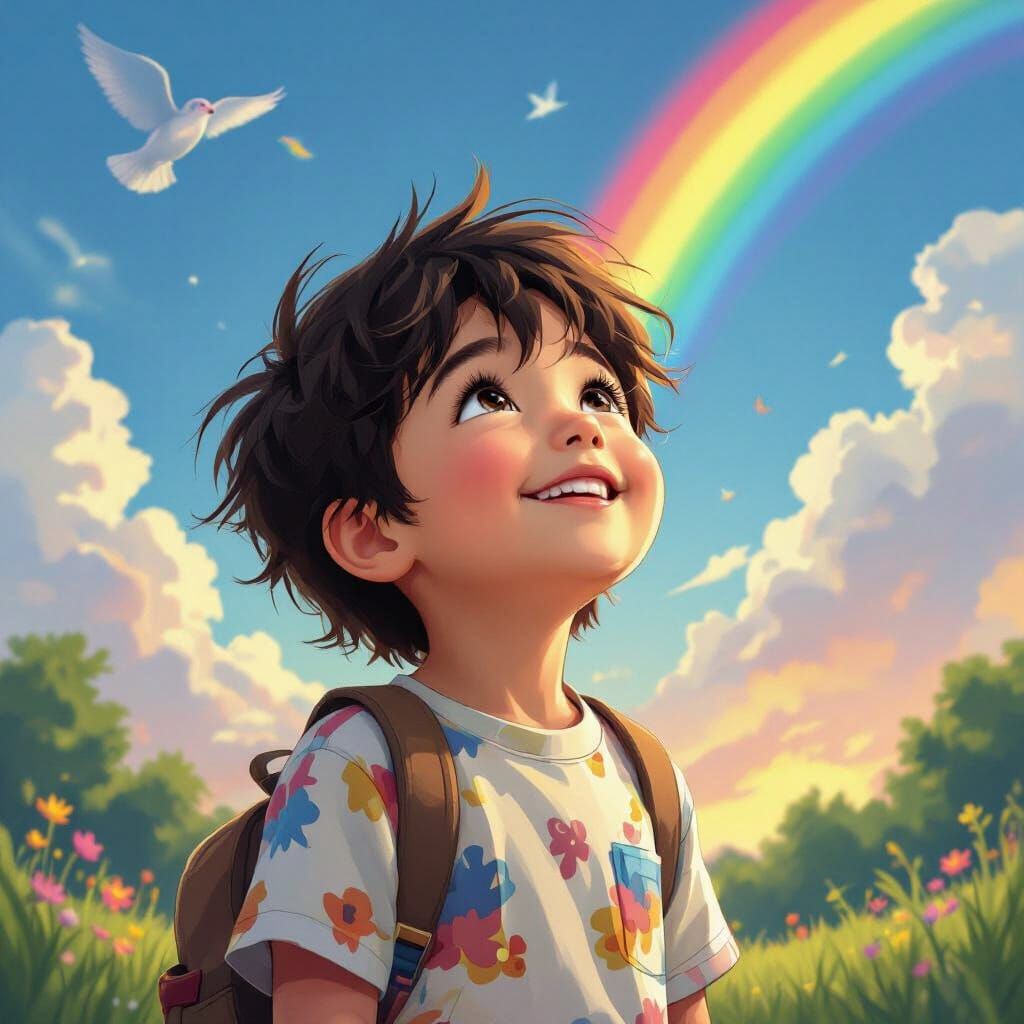 Smiling Child Gazing at Colorful Rainbow Illustration