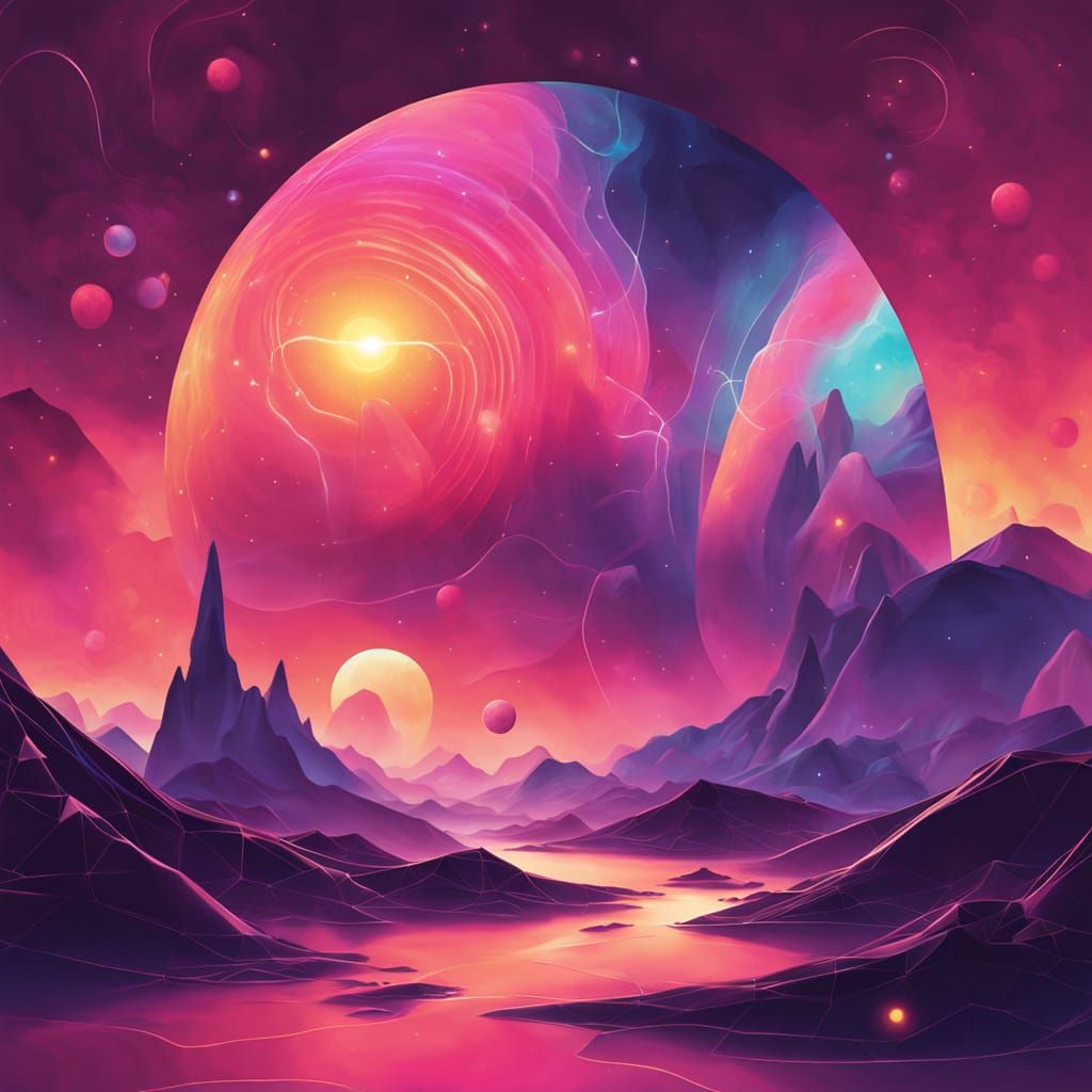 Abstract Nebula Landscape with Geometric Shapes and Luminous...