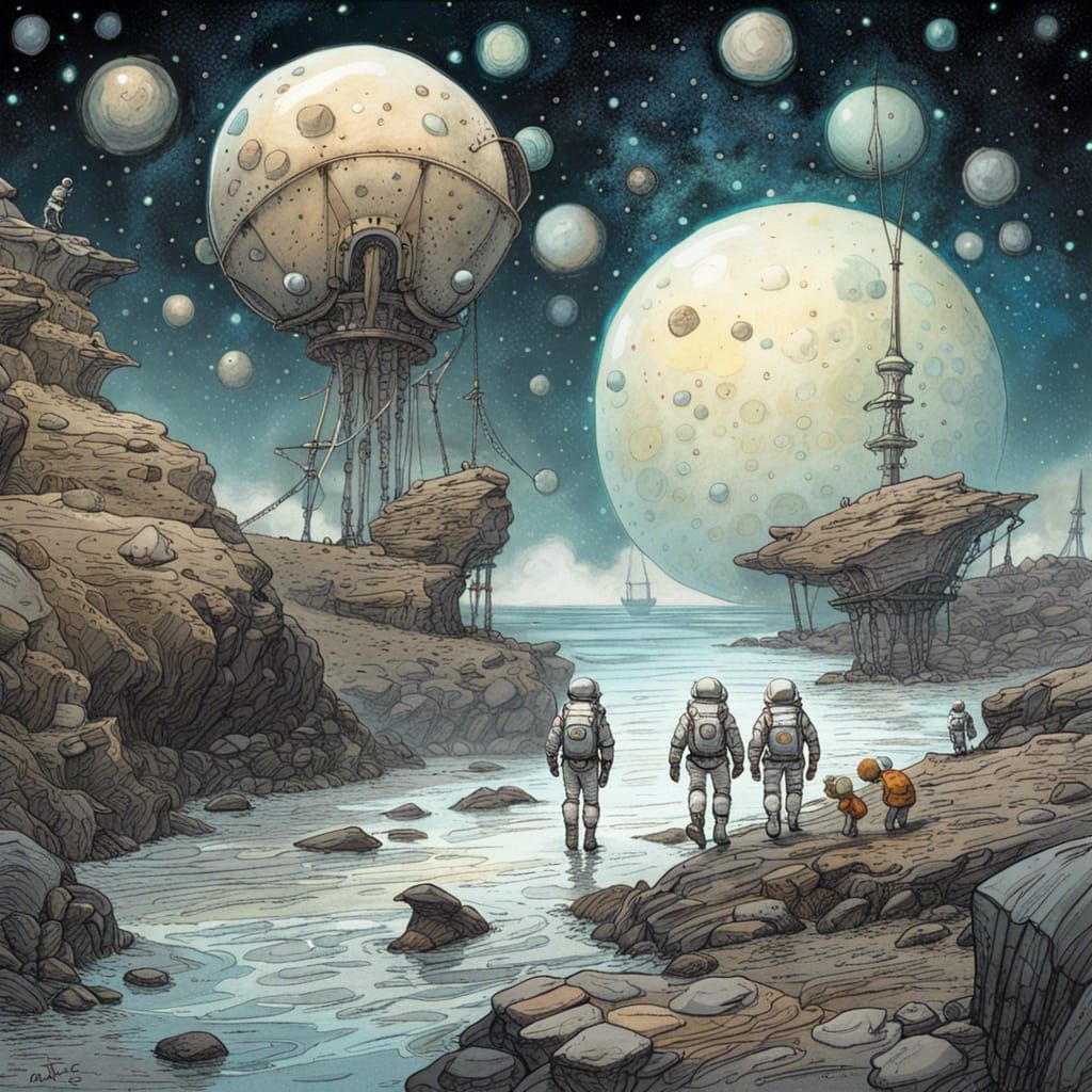 Astronauts Explore Alien Shoreline Under Milky Way