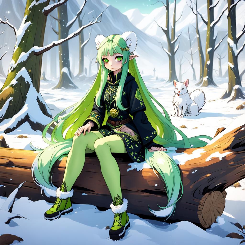 Anime Girl with Ermine in Snowy Landscape