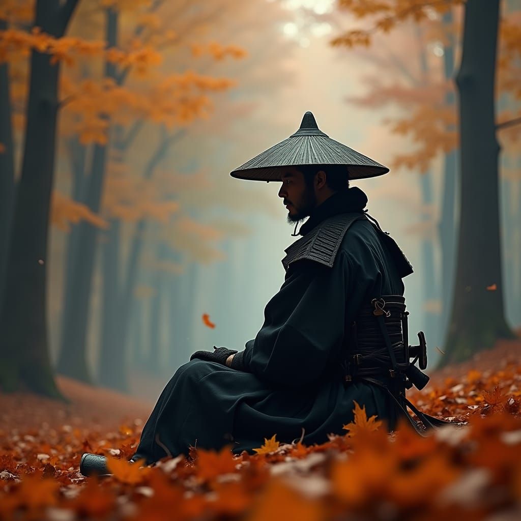 Surreal Samurai Surrounded by Vibrant Autumn Forest in Cinem...