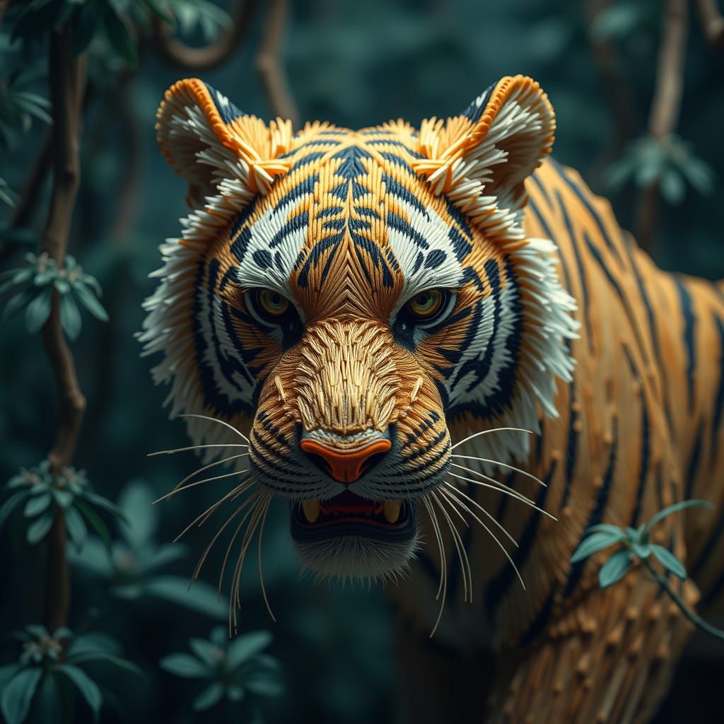 Tiger Sculpture Crafted from Toothpicks