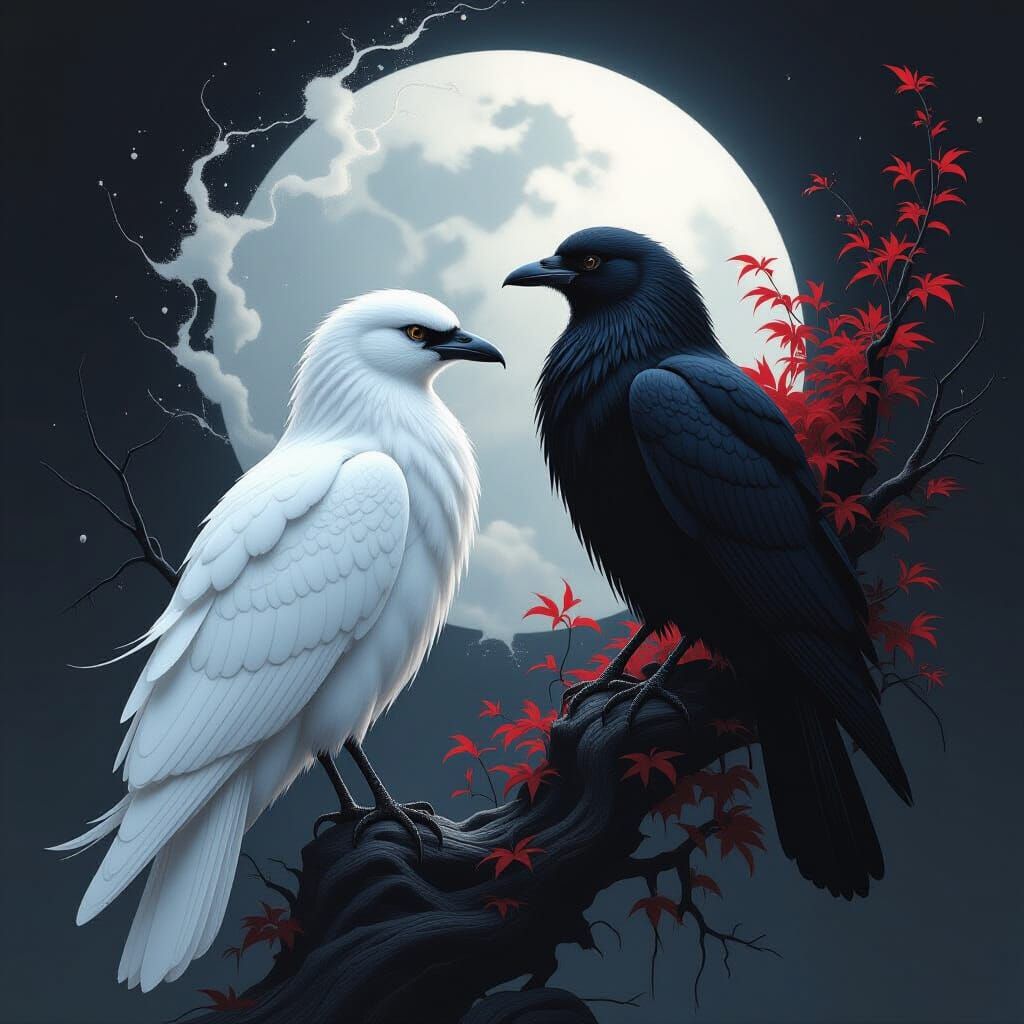 Contrasting Birds in Monochromatic Fantasy Art
