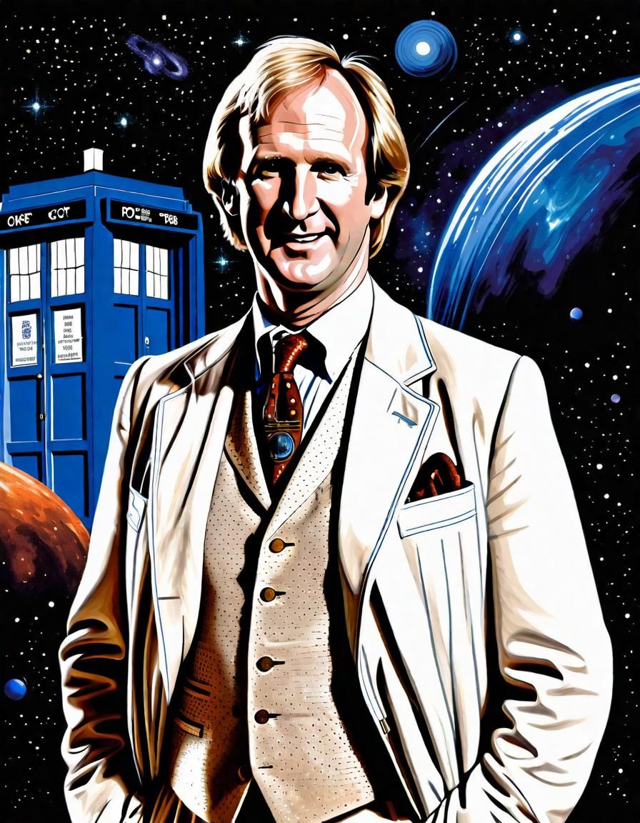 Fifth Doctor Portrait with Tardis in Space