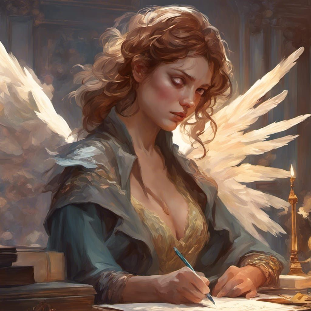 Romantic Angel Writing Memoirs: Detailed 8k Portrait