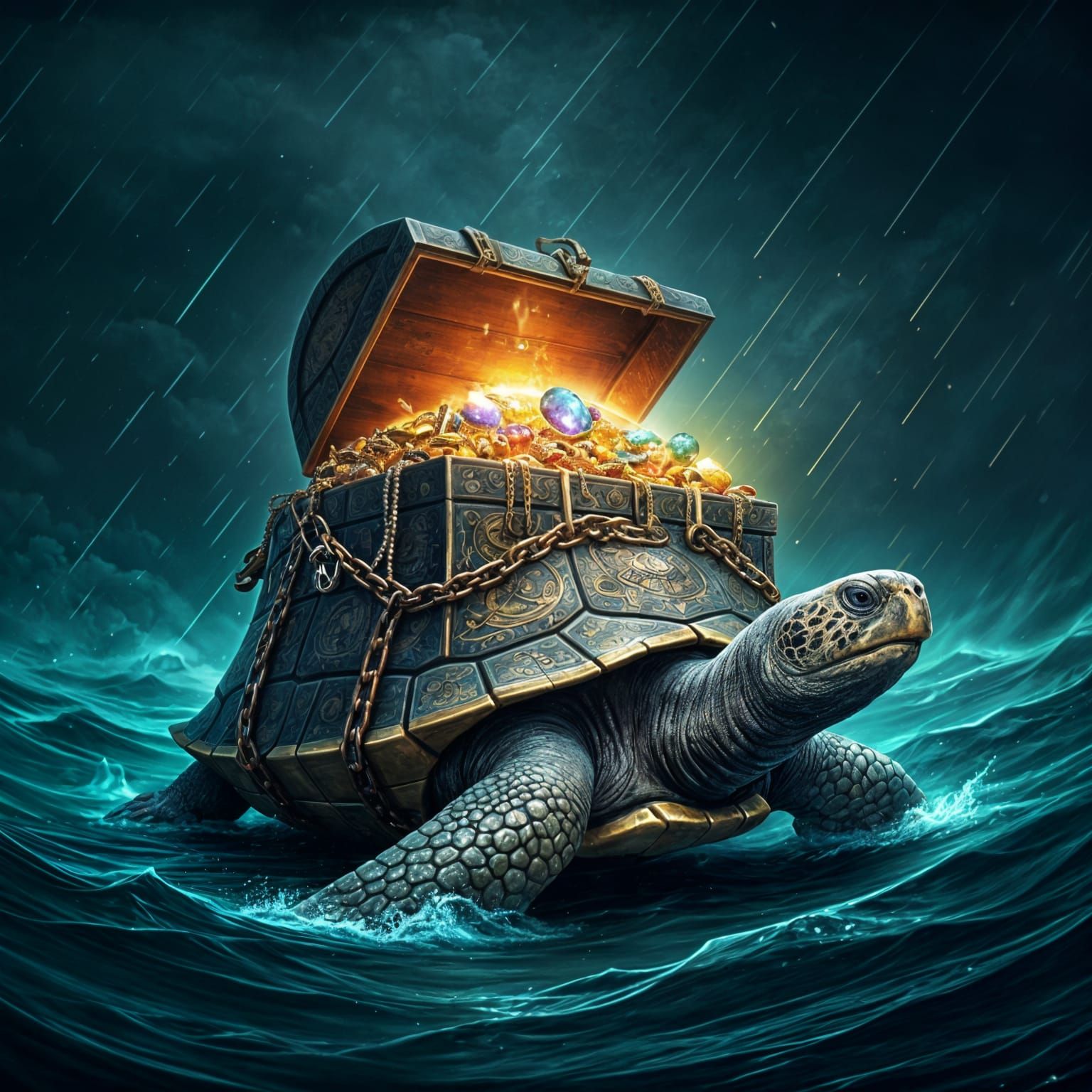 Giant Turtle Carrying Treasure Chest in Storm