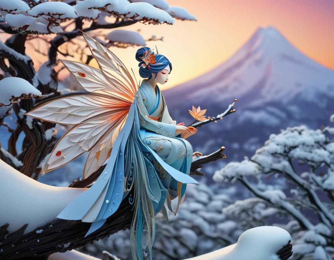 Snow Fairy Origami Sunset Art in Ukiyo-e Style