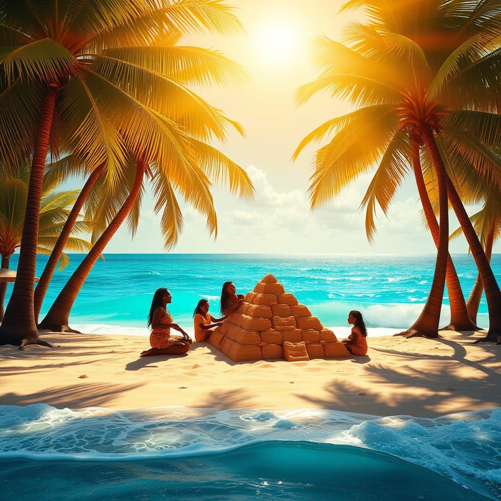 African Family Builds Vibrant Sand Castles on Secluded Beach