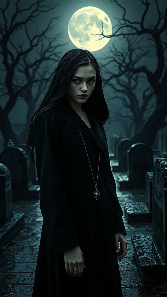 Ethereal Woman in Rainy Graveyard by Moonlight