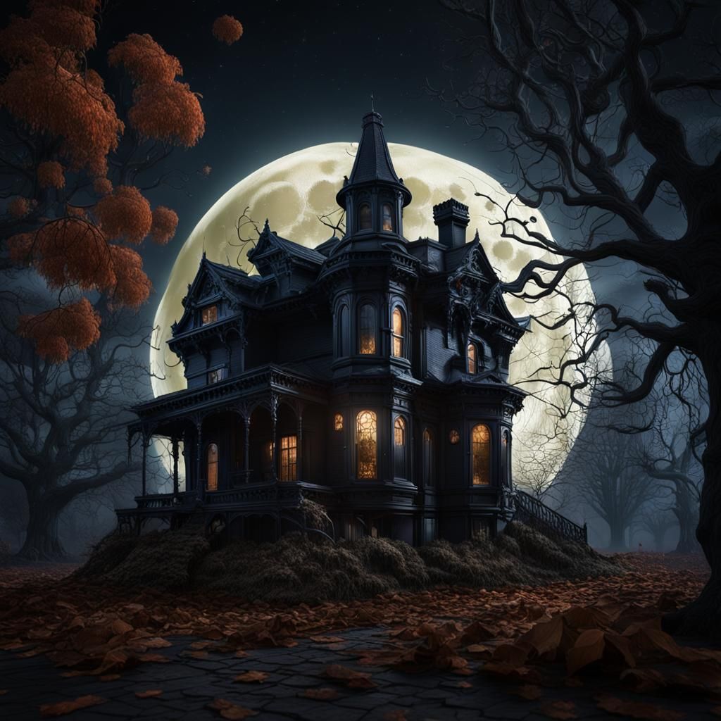 Victorian Horror House Under Moonlight: Detailed Matte Paint...