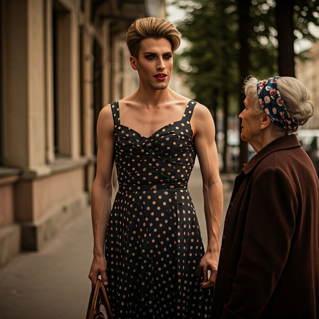Man in Polka Dot Dress Talking to Elderly Woman on Sidewalk