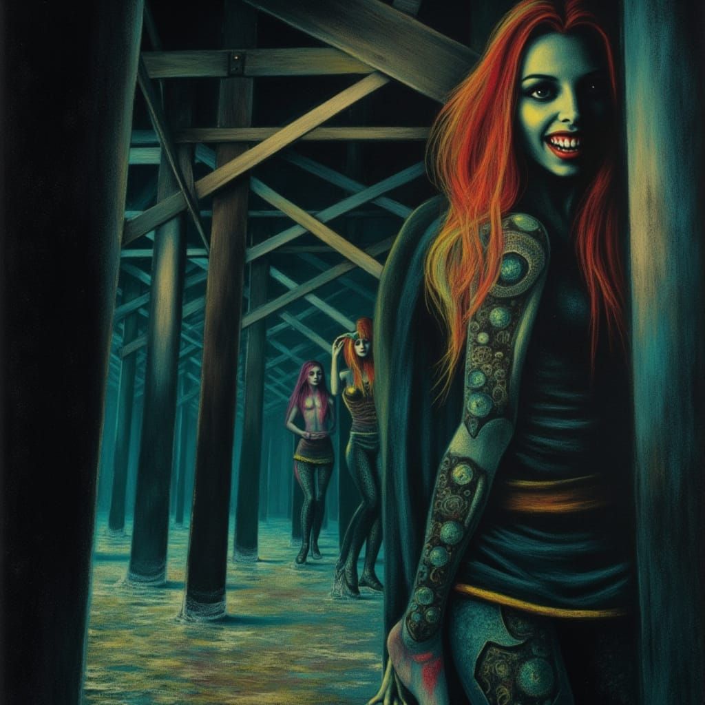 Creepy Mermaids Ascend Brighton Pier in Dark Oil Painting