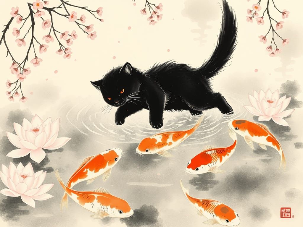 Whimsical Sumi-e Ink Painting of Black Cat with Koi and Cher...