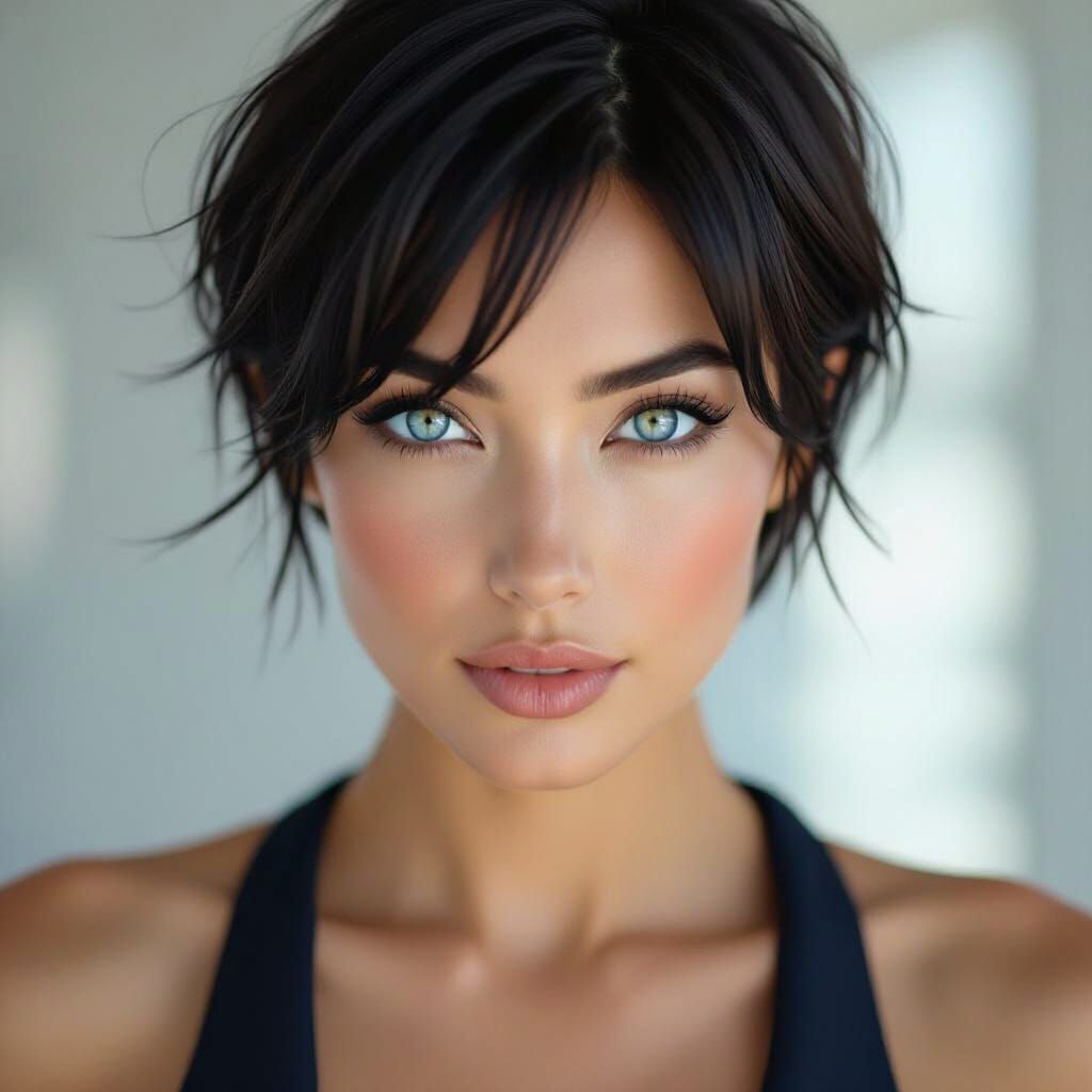 Confident Businesswoman in Navy Suit Overlooking City