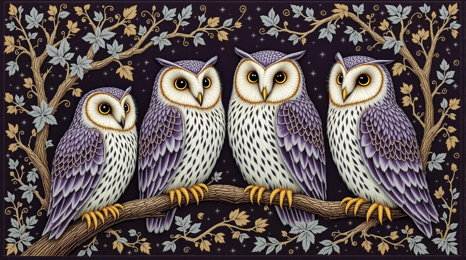 Majestic Barn Owls Embroidered in Whimsical Forest Scene