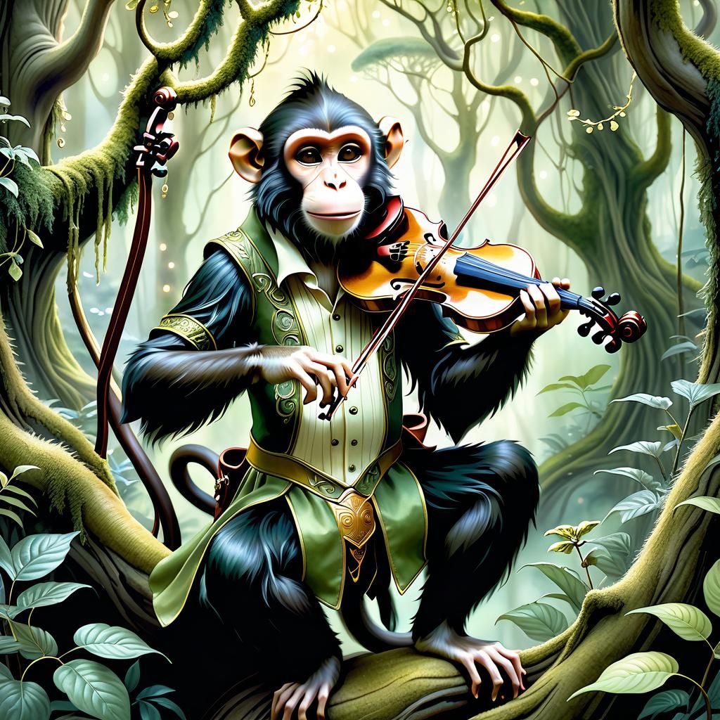 Monkey Bard Fiddling in Mystical Forest: Watercolor Art