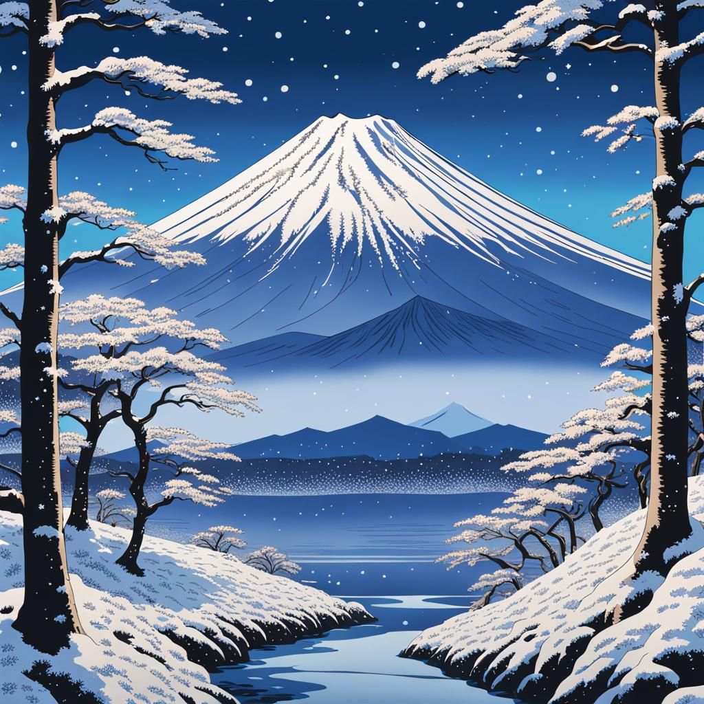 Mount Fuji Snowfall in Ukiyo-e Style