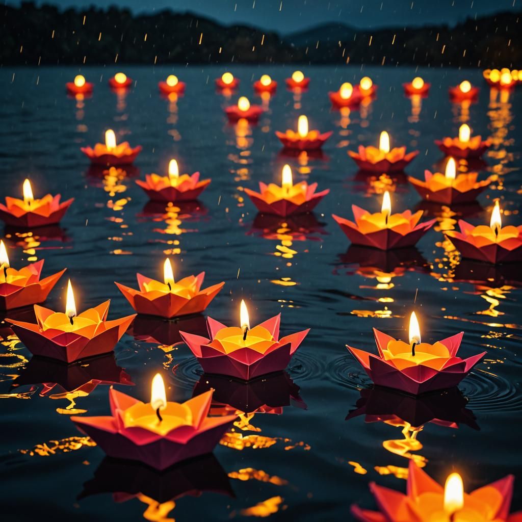 Neon Candles on Origami Boats in Stormy Lake