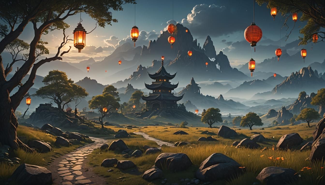 Luminous Lanterns in Peaceful Landscape, Detailed Matte Pain...
