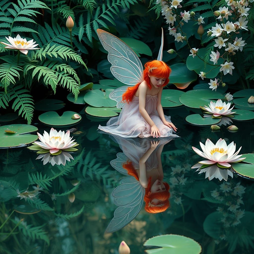 Ethereal Fairy Sits in Forest Pond, Surrounded by Ferns and ...