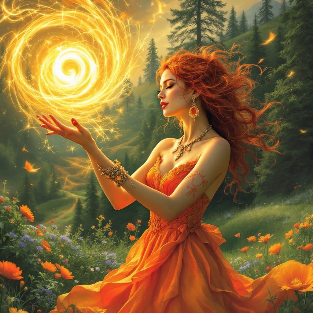 Sun-Kissed Enchantress Casts Vibrant Spell in Lush Green Mea...