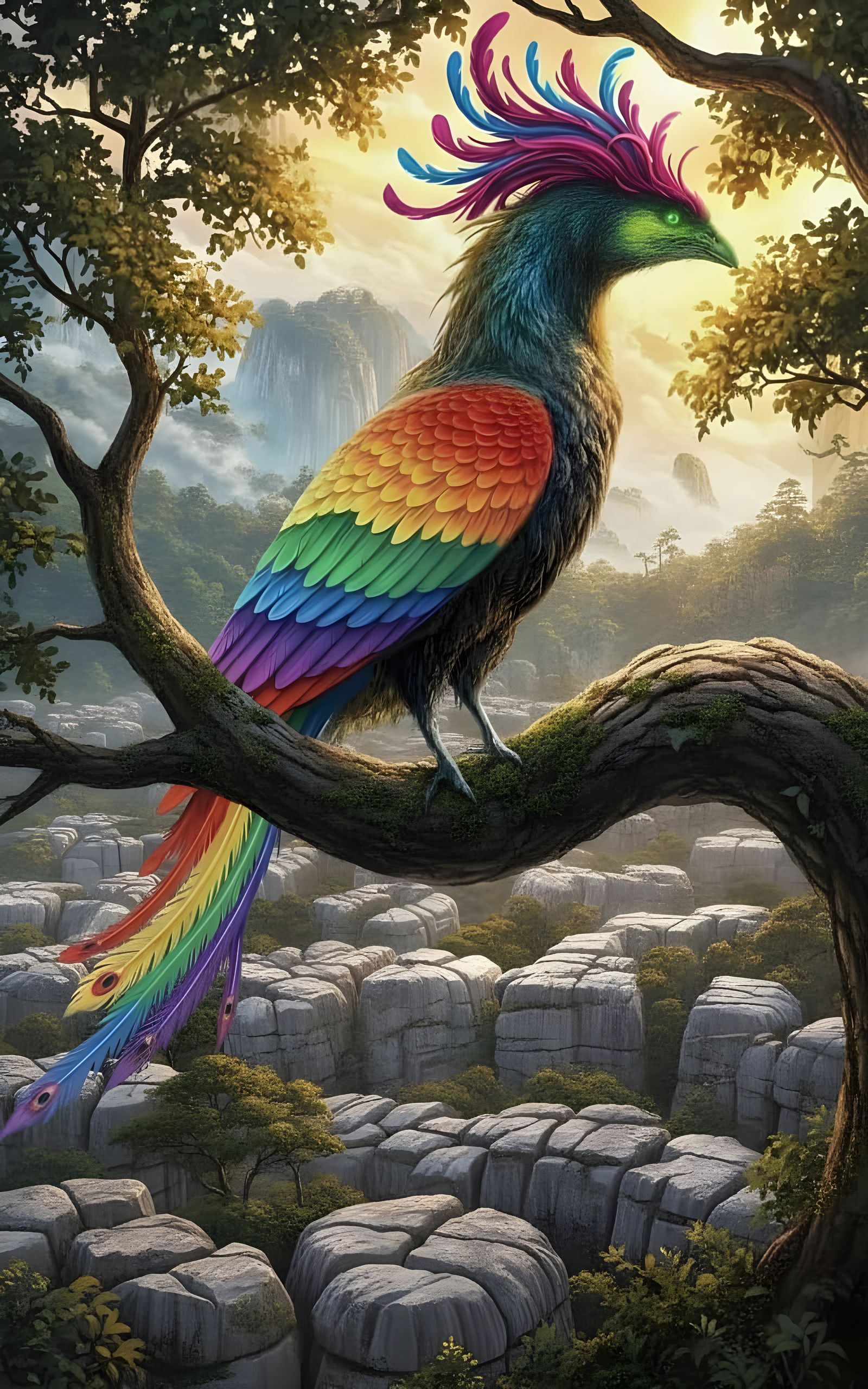 Colossal Hornbill Bird in Ethereal Fantasy Landscape