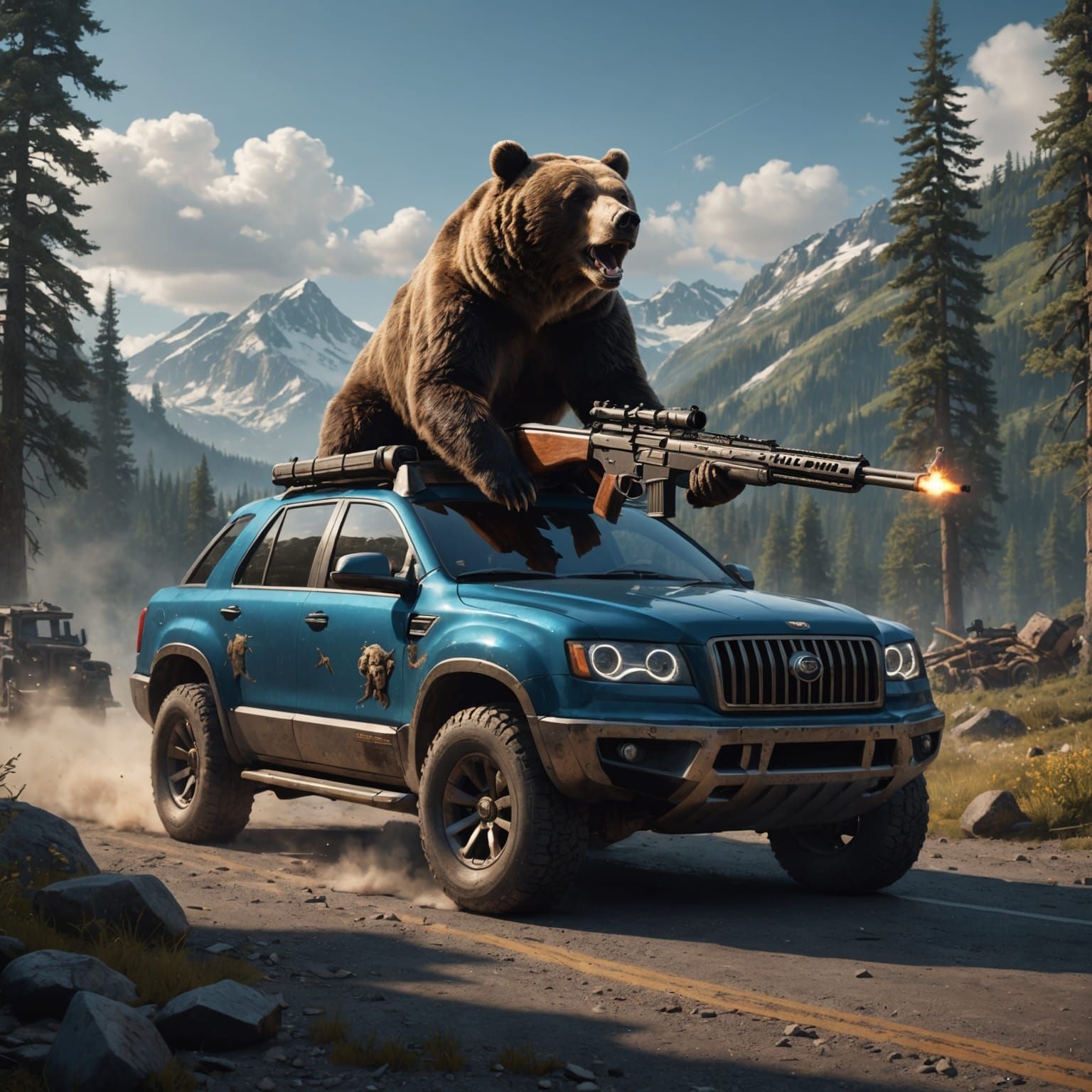 Bear with Car-Mounted Gun: Detailed Matte Painting