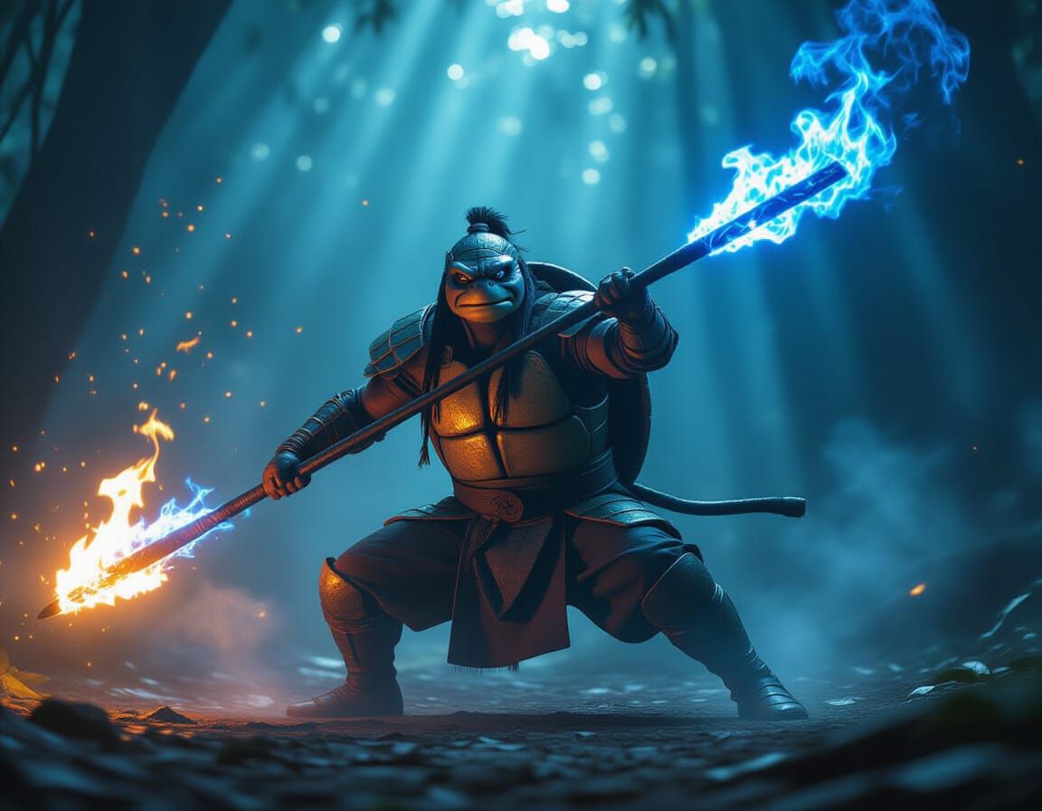 Turtle Monk Master Wields Fiery Quarterstaff in Moonlit Fore...