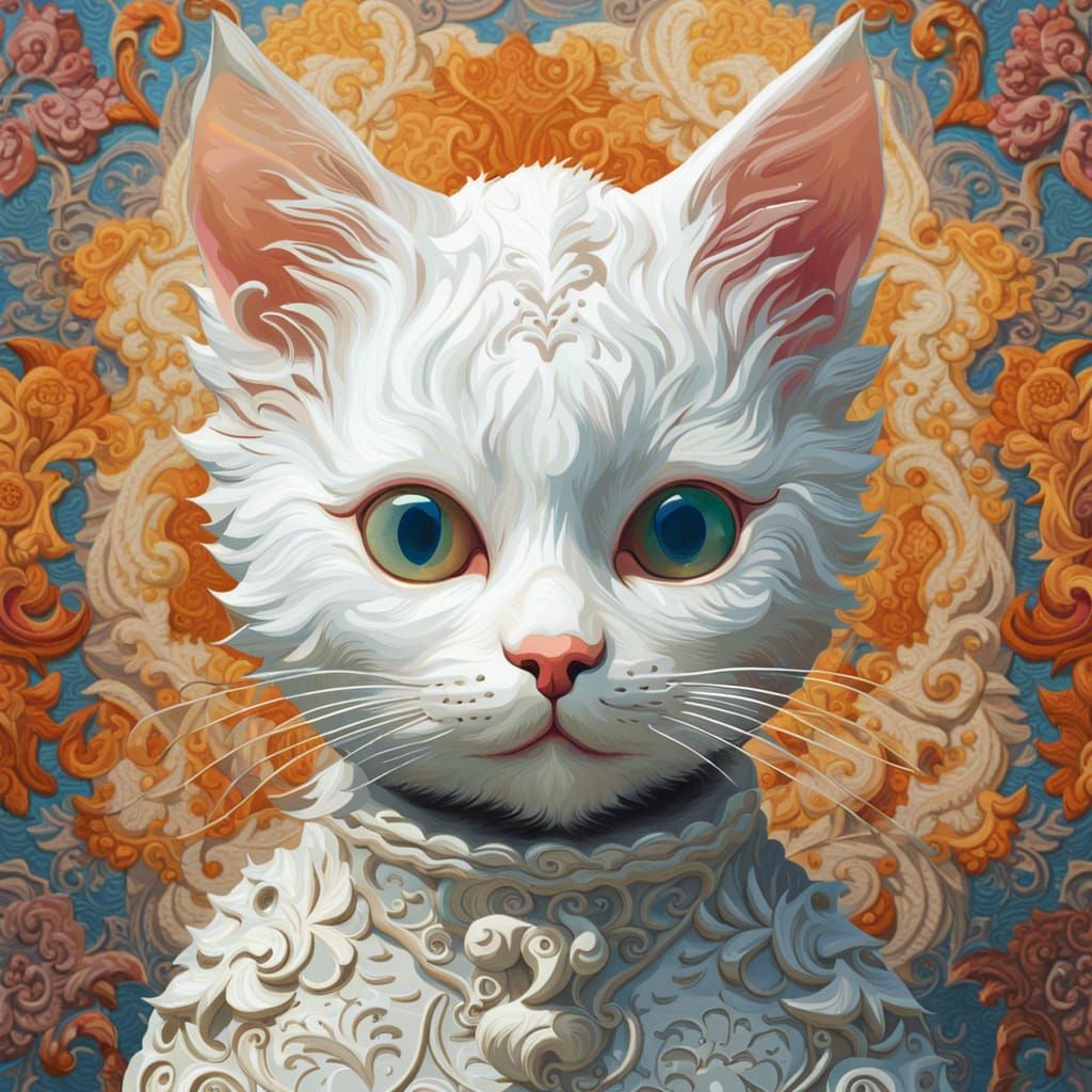 Rococo Gothic Kitten Portrait on Colorful Rug
