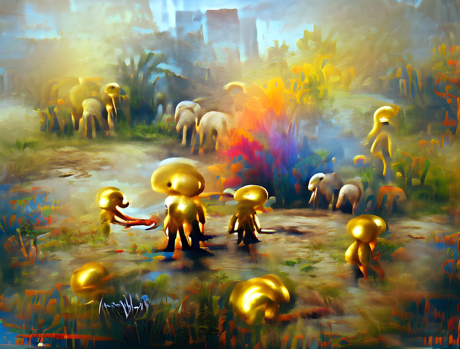 Golden Mushroom People Play With Golden Elephants