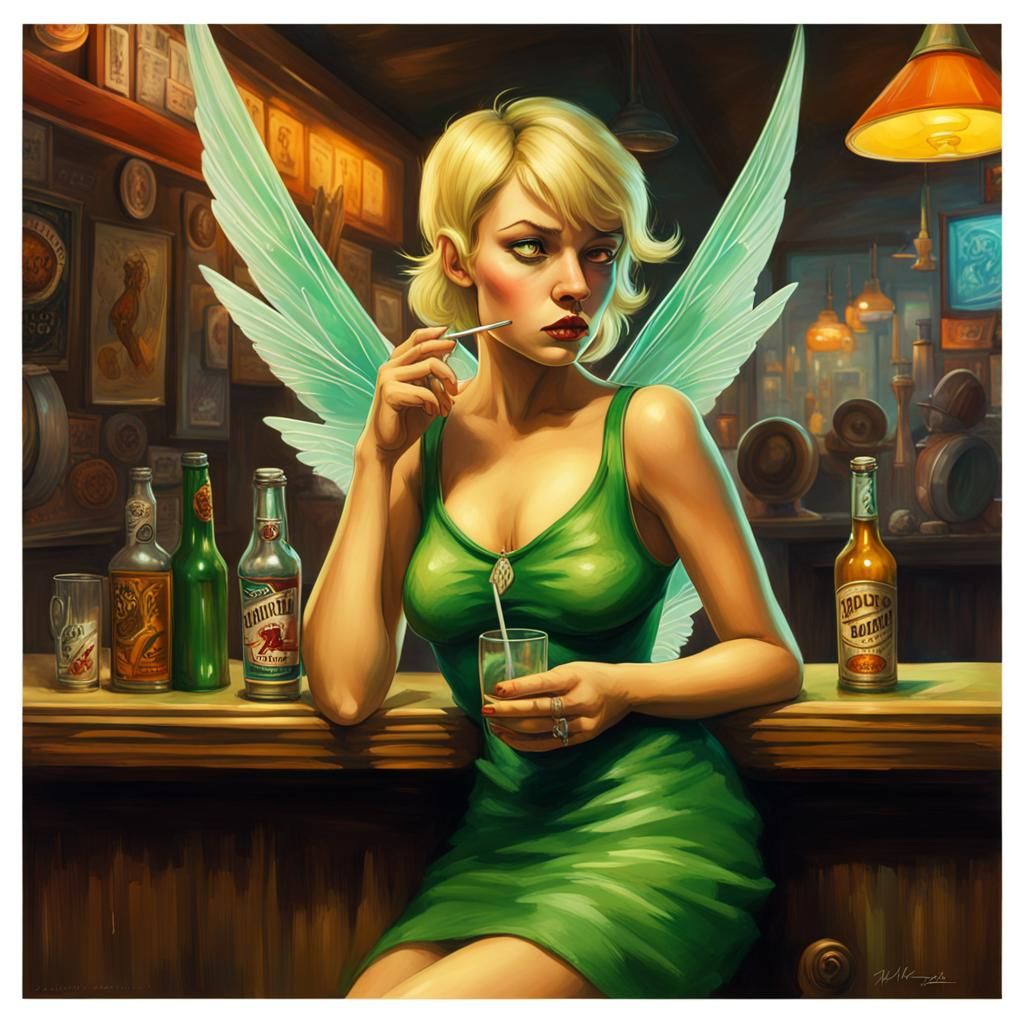 Tinkerbell's Dark Side: Dive Bar in Hyperrealistic Style