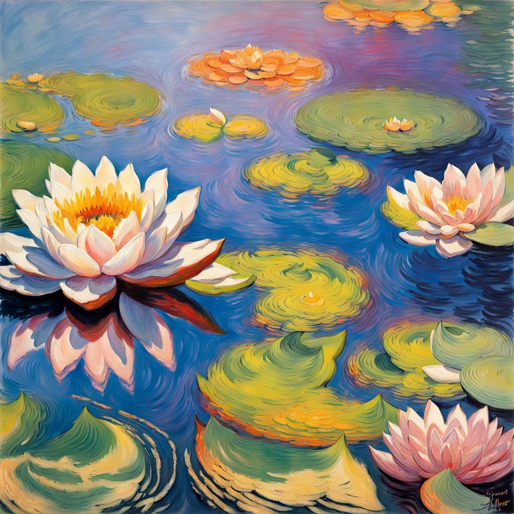 Rainbow Water Lilies in Impressionist Style