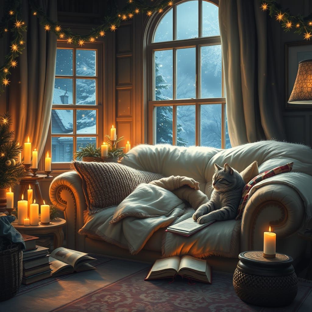 Dreamlike Living Room Glow with Snowfall and Books