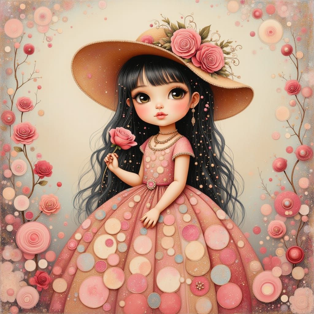 Infant Girl in Multicolored Dress Holding Christmas Rose