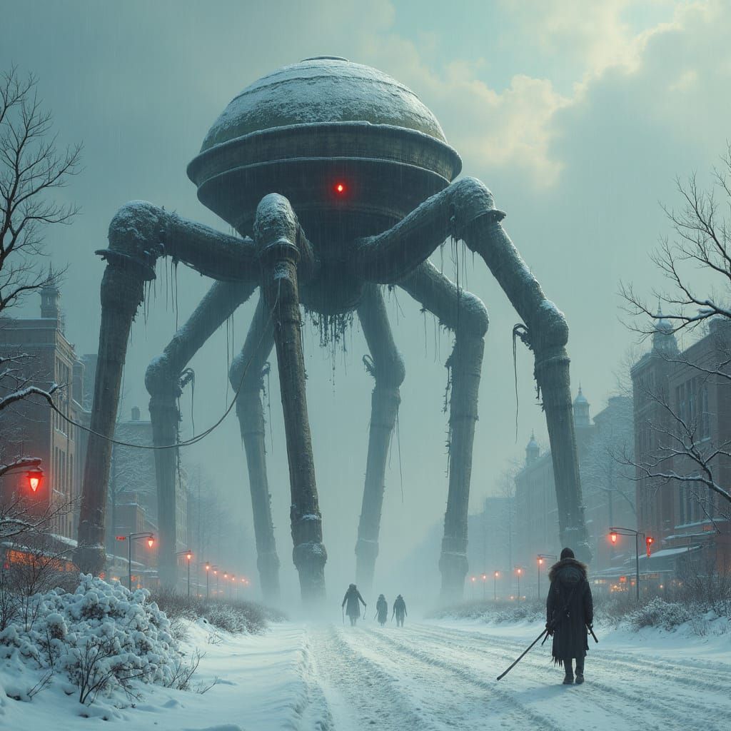 Cyberpunk Martian Tripods Wreak Havoc on a Snowy Metropolis