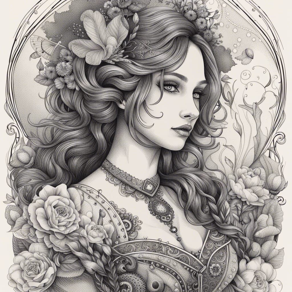 Detailed Ink Drawing: Queen of Hearts in Vignette