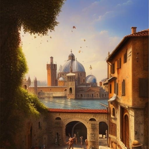 Island City: Medieval Italy in Oil Painting Style