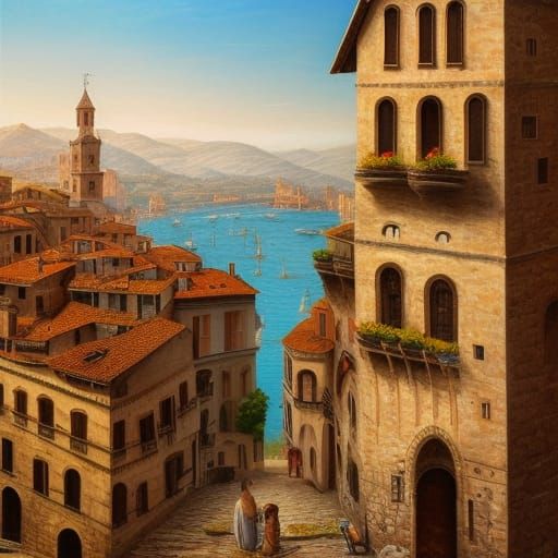 Italian Island Cityscape: A Detailed Oil Painting