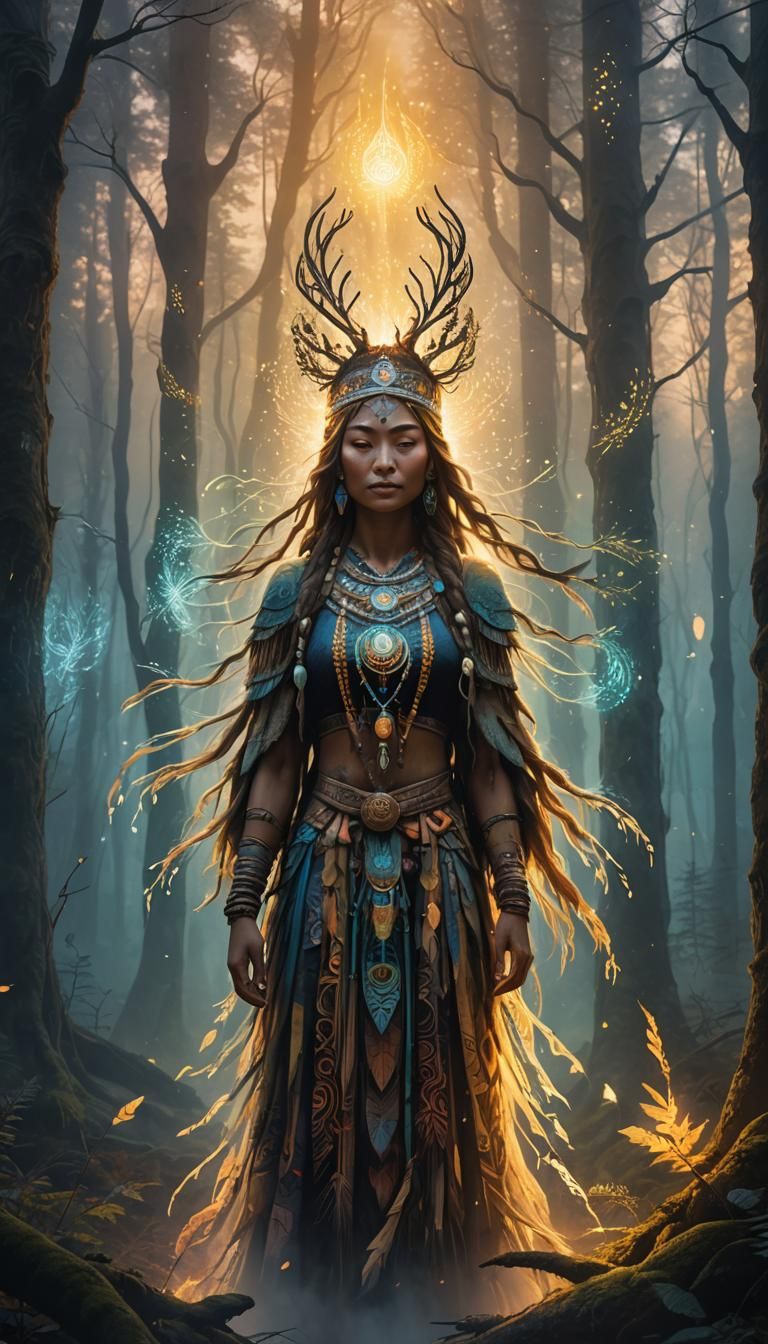 Siberian Shaman in Misty Forest, Abstract Expressionism