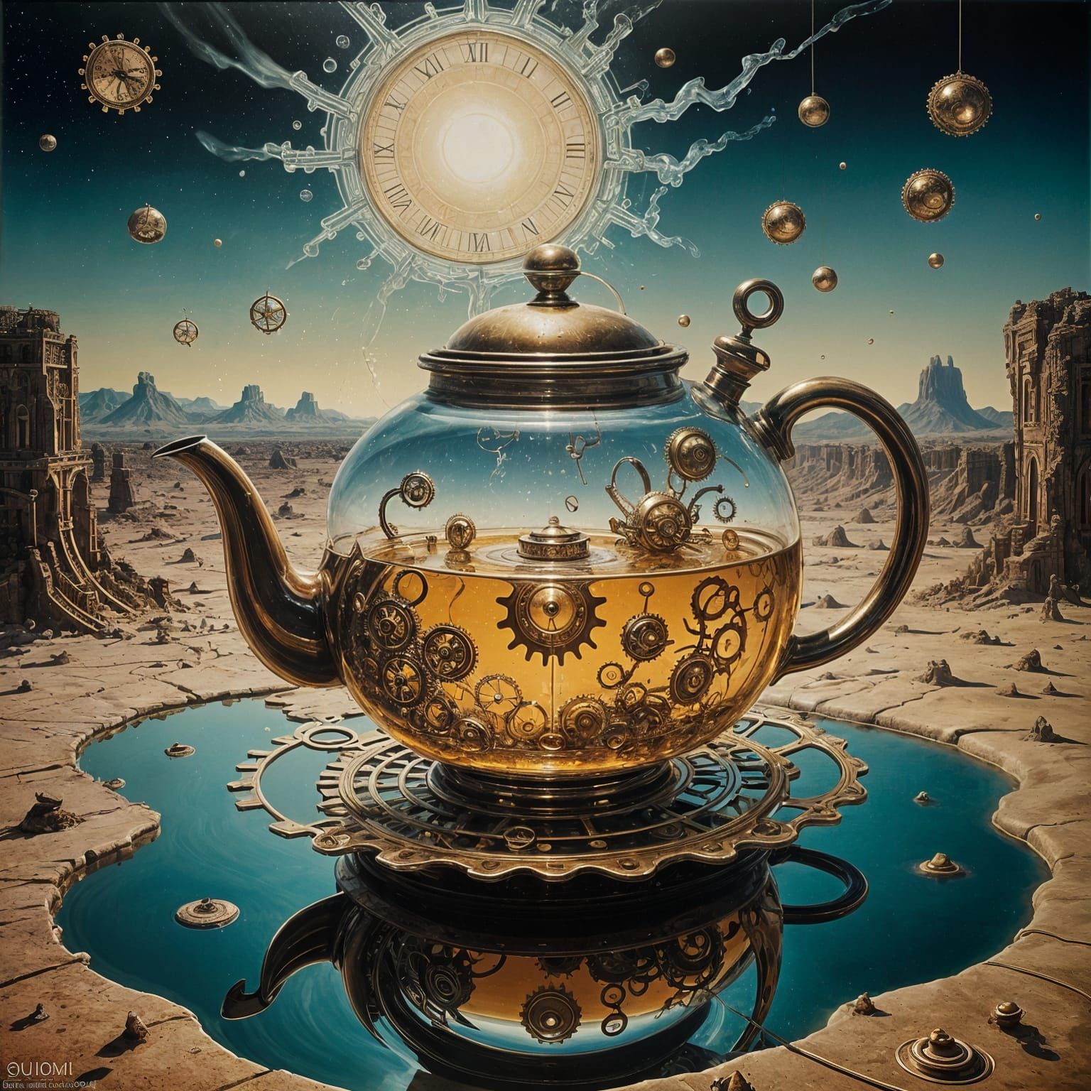 Melting Teapot in Dreamlike Void with Clockwork and Eyes