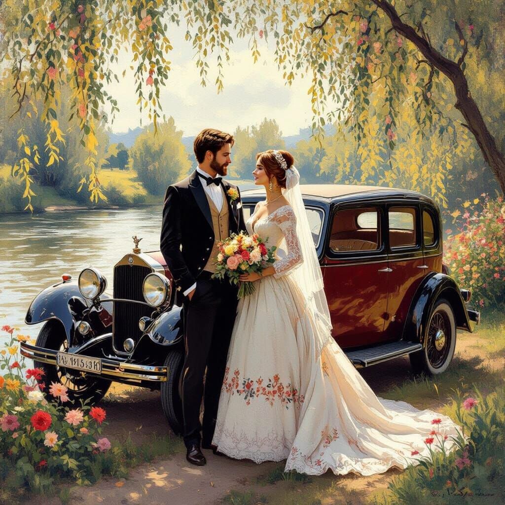 Wedding Couple with Vintage Car as Impressionist Painting