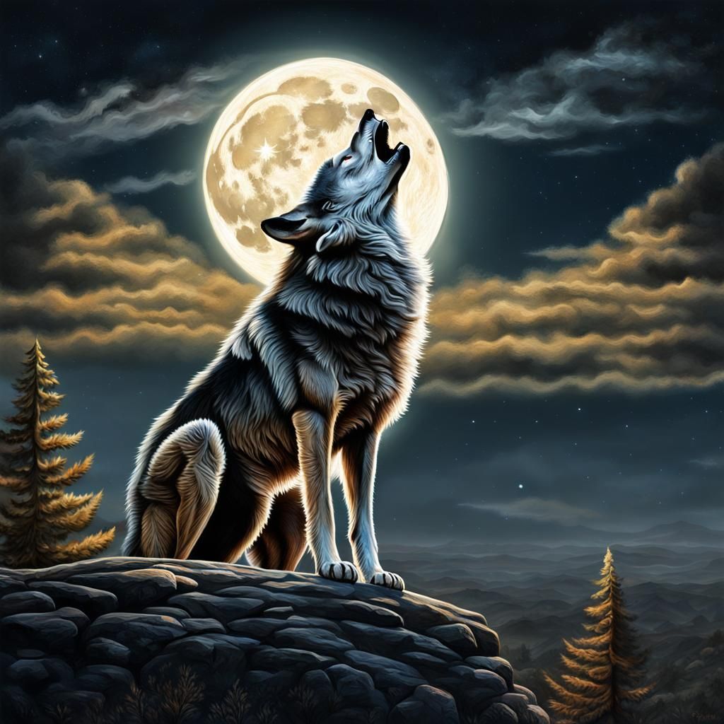 Wolf Howling at Moon: Hyperrealistic Digital Painting