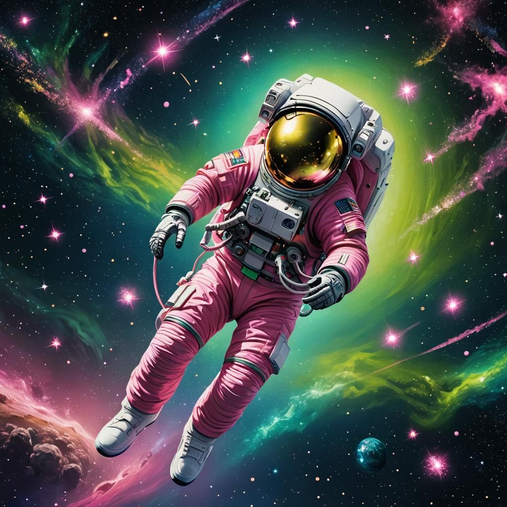 Astronaut in Green Spacesuit Floating in Blue Space
