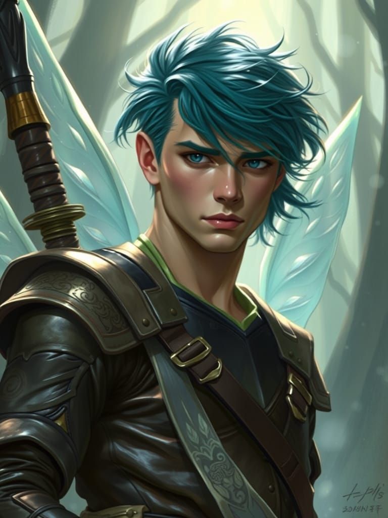 a handsome fairy hunter, elegant refined with teal hair; cla...