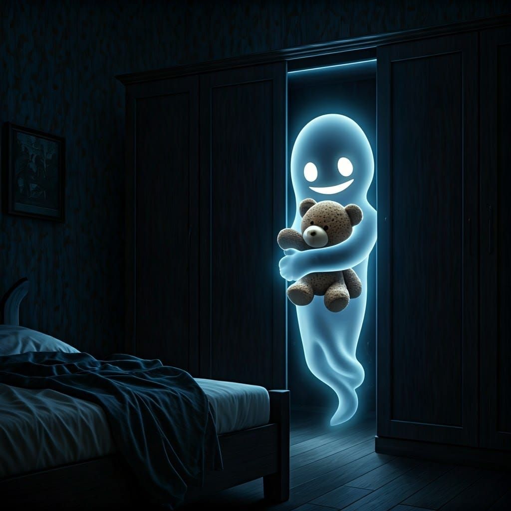 Cute Ghost Apparition in Dark Bedroom, Digital Art