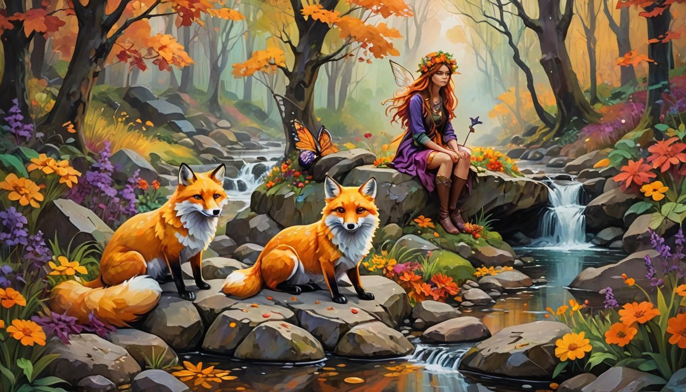 Forest Fairy and Fox in Autumn Street Art
