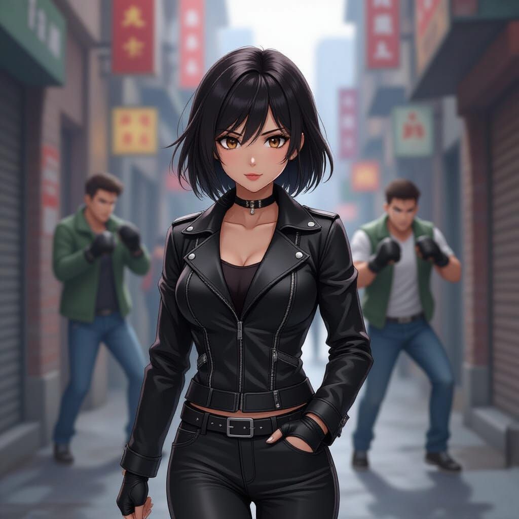 Anime Woman Walks Past Street Fight in Back Alley