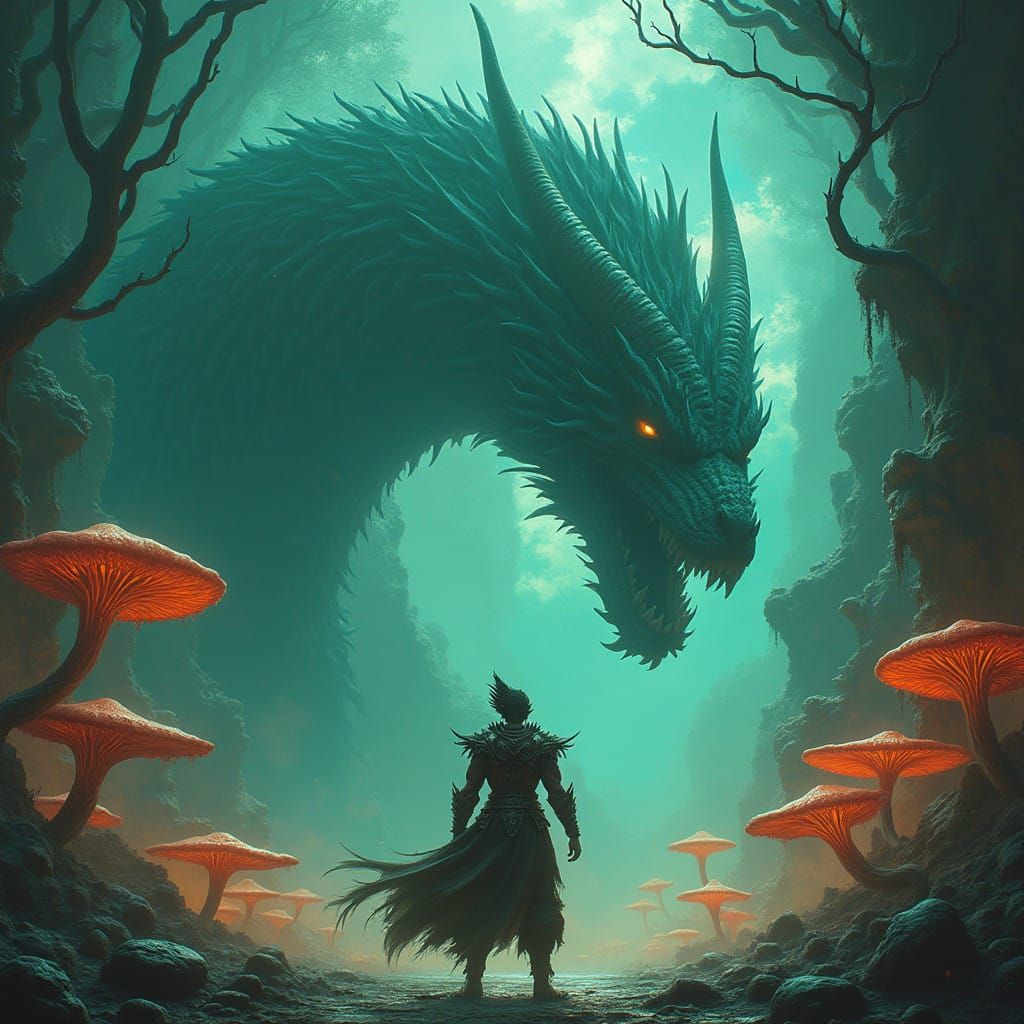 Epic Saiyyan Warrior Battles Void Dragon in Ancient Fantasy...