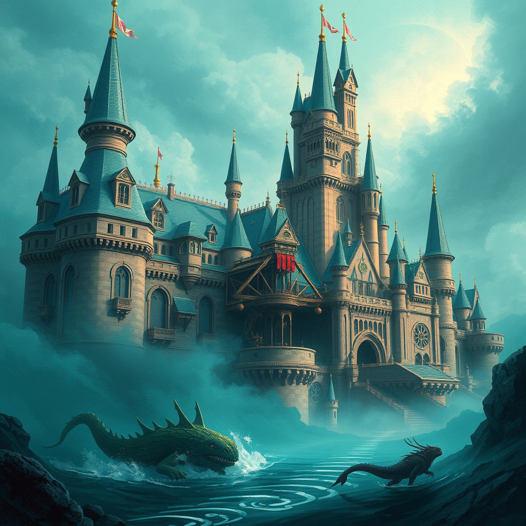 Steampunk Fantasy Castle in Teal and Rose Hues